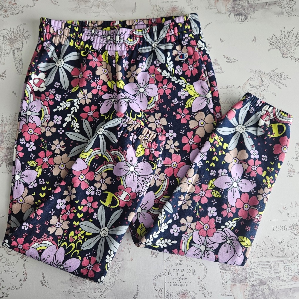 Champion Girls Floral Fleece Joggers Navy Pink Sweatpants Size S 7/8